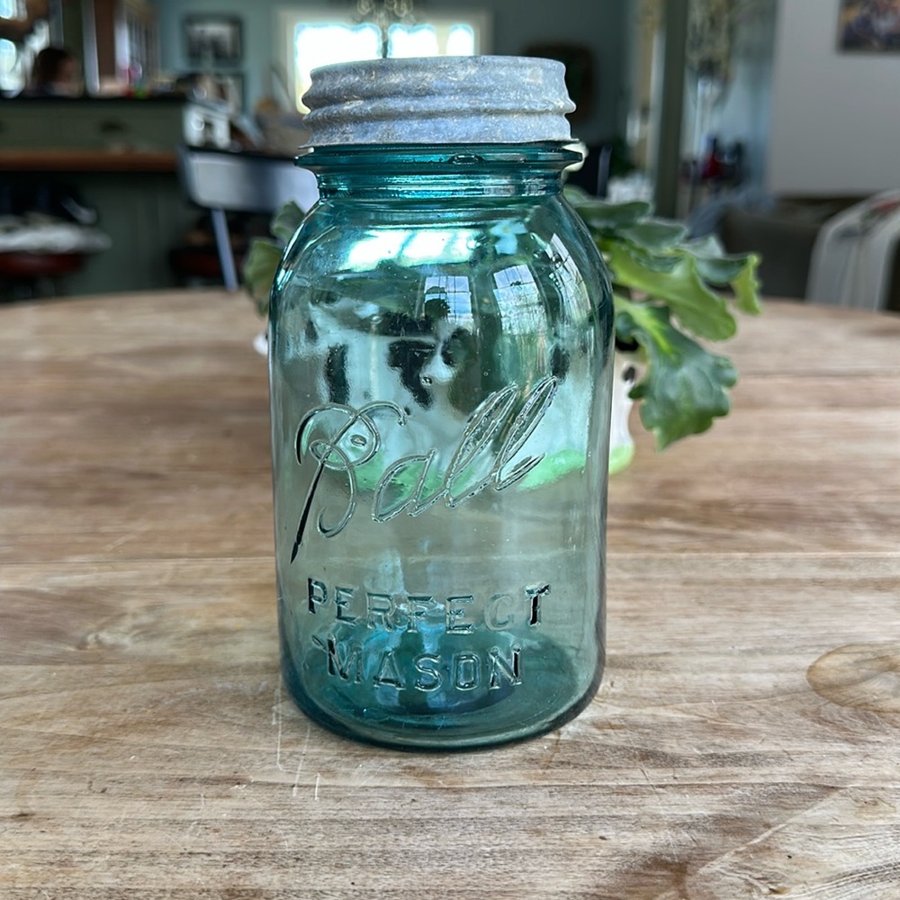 Large Ball Blue Glass Antique Perfect Mason Jar w/ Zinc Lid, Circa 1922-32